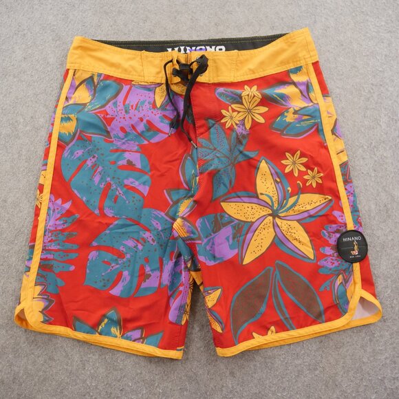 Hinano Board Shorts Mens 32 Red Floral Swim Surf Trunks Drawstring Logo - Picture 1 of 13
